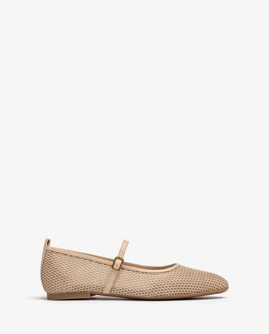 Beige Mesh Mary Jane Flats with Buckle Strap