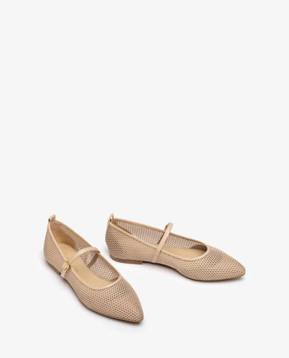 Beige Mesh Mary Jane Flats with Buckle Strap