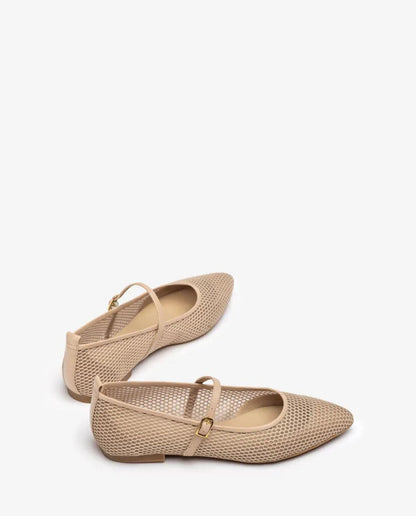 Beige Mesh Mary Jane Flats with Buckle Strap