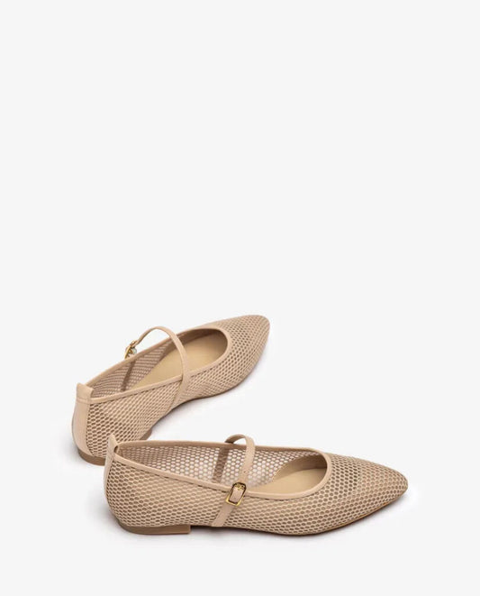 Beige Mesh Mary Jane Flats with Buckle Strap