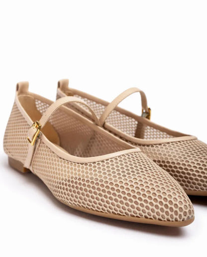 Beige Mesh Mary Jane Flats with Buckle Strap