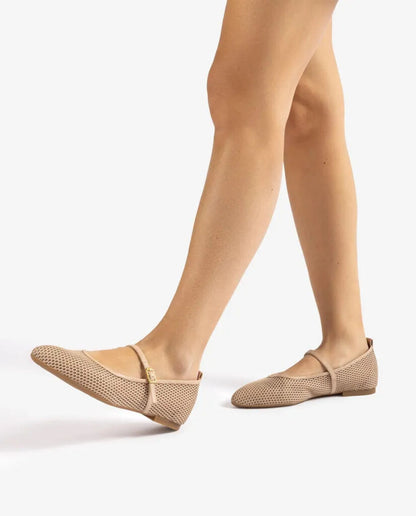 Beige Mesh Mary Jane Flats with Buckle Strap