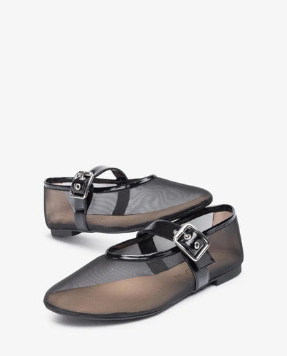 Black Transparent Ballerina Flats with Buckle Detail