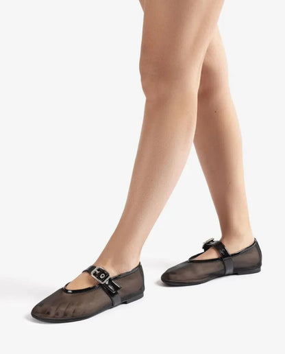 Black Transparent Ballerina Flats with Buckle Detail