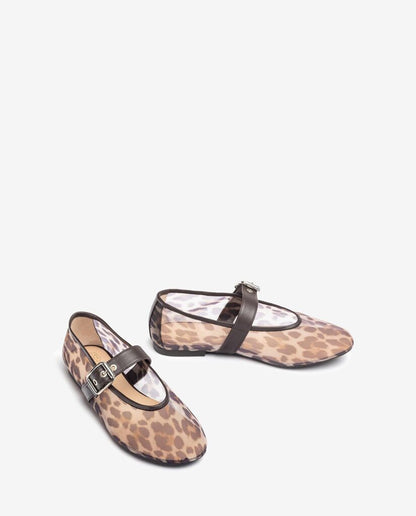 Leopard Print Mesh Ballet Flats with Buckle Strap