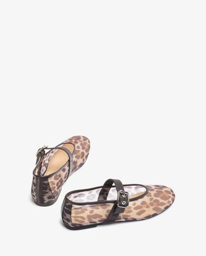 Leopard Print Mesh Ballet Flats with Buckle Strap