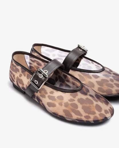 Leopard Print Mesh Ballet Flats with Buckle Strap