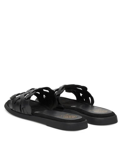Black Woven Slide Sandals with Flat Sole