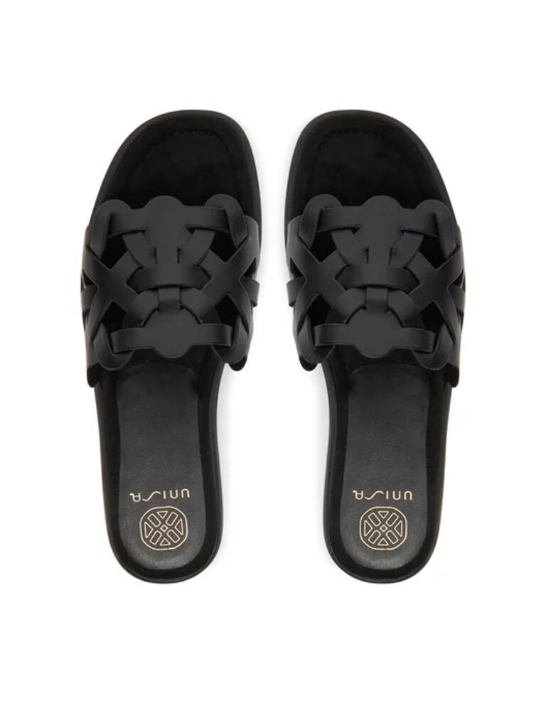 Black Woven Slide Sandals with Flat Sole