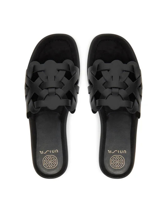 Black Woven Slide Sandals with Flat Sole