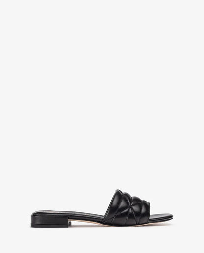 Black Quilted Slide Sandal with Flat Heel