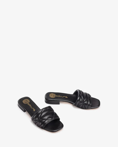 Black Quilted Slide Sandal with Flat Heel
