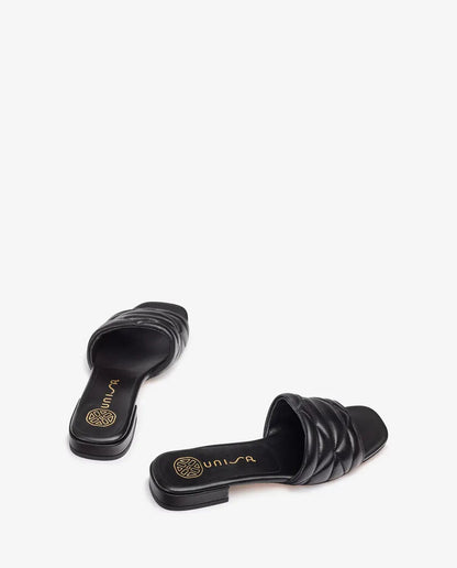 Black Quilted Slide Sandal with Flat Heel