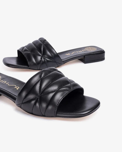 Black Quilted Slide Sandal with Flat Heel