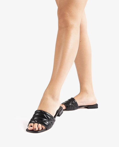 Black Quilted Slide Sandal with Flat Heel