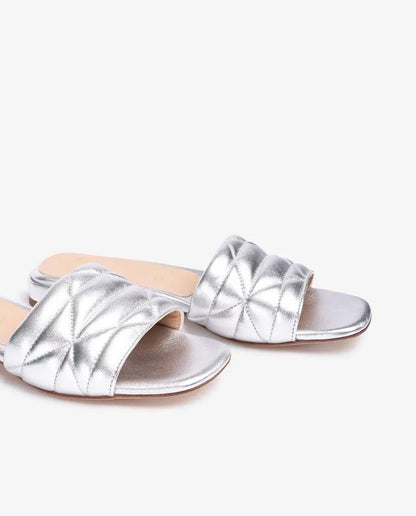 Silver Quilted Slide Sandals