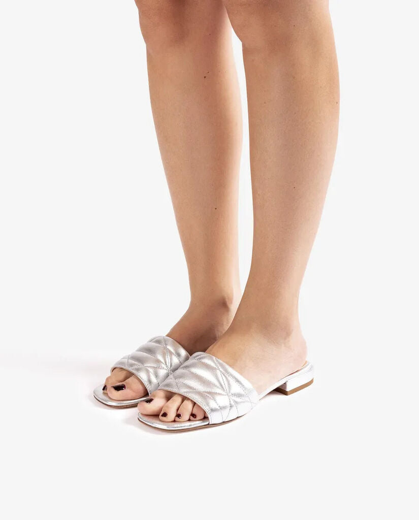 Silver Quilted Slide Sandals