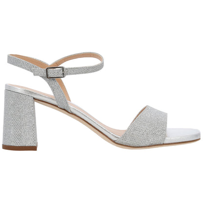 Silver Glitter Block Heel Sandals with Ankle Strap