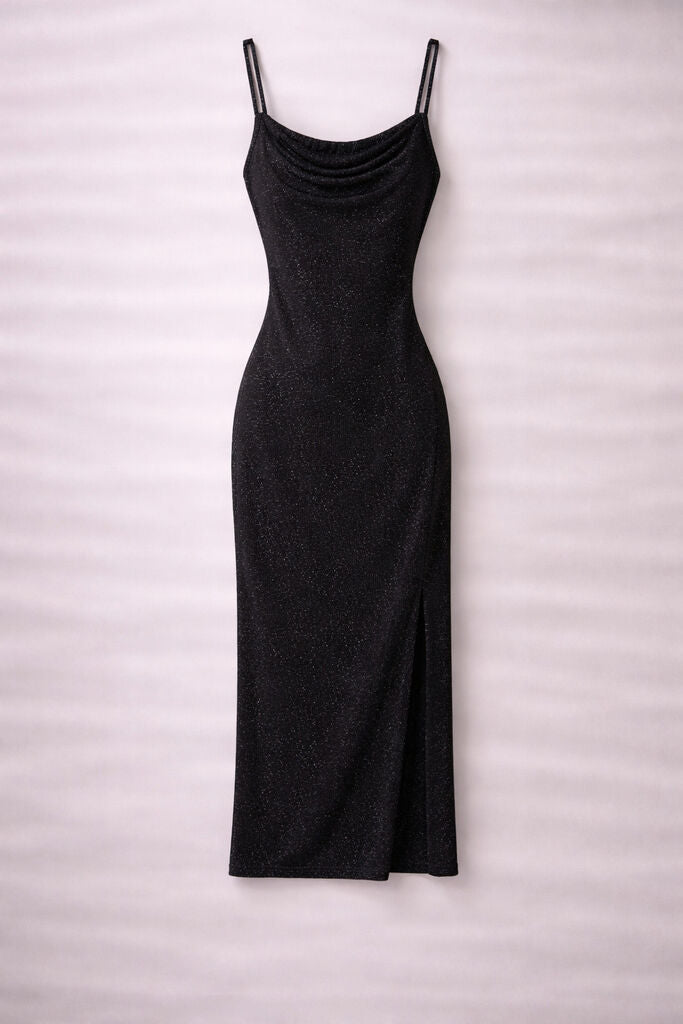 Black Glitter Evening Dress with Side Slit