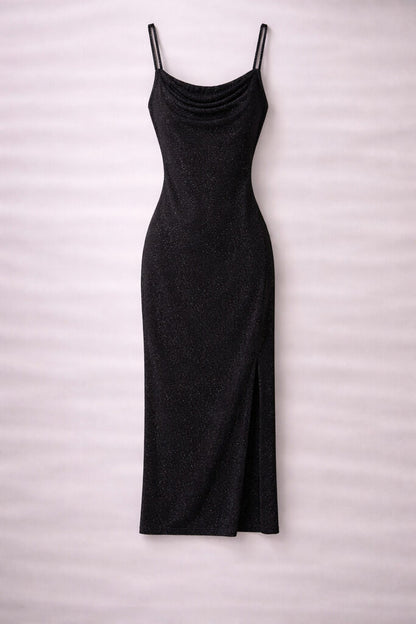 Black Glitter Evening Dress with Side Slit