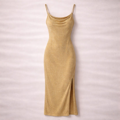 Gold Metallic Evening Dress with Side Slit