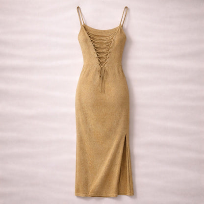 Gold Metallic Evening Dress with Side Slit