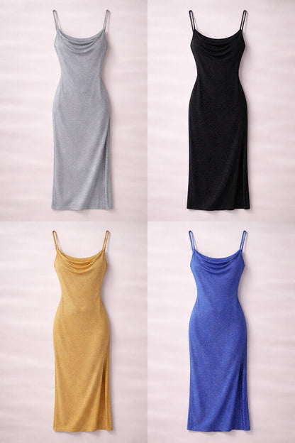 Gold Metallic Evening Dress with Side Slit