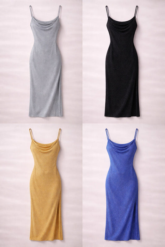 Gold Metallic Evening Dress with Side Slit