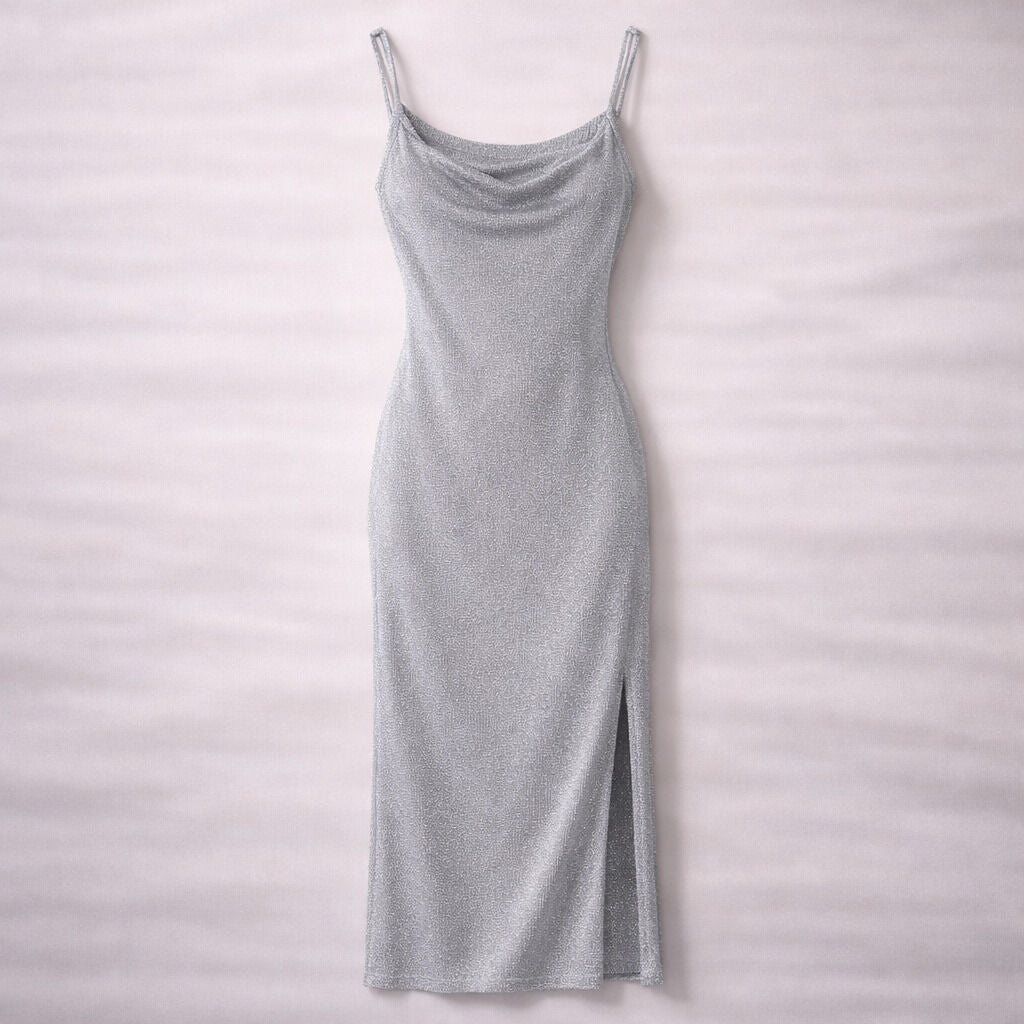 Silver Shimmer Dress with Elegant Slit