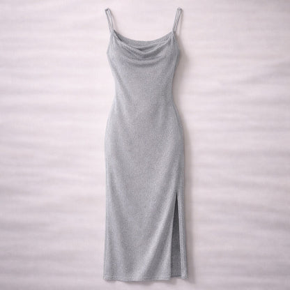 Silver Shimmer Dress with Elegant Slit