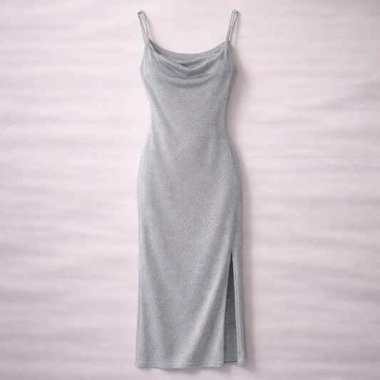 Silver Shimmer Dress with Elegant Slit