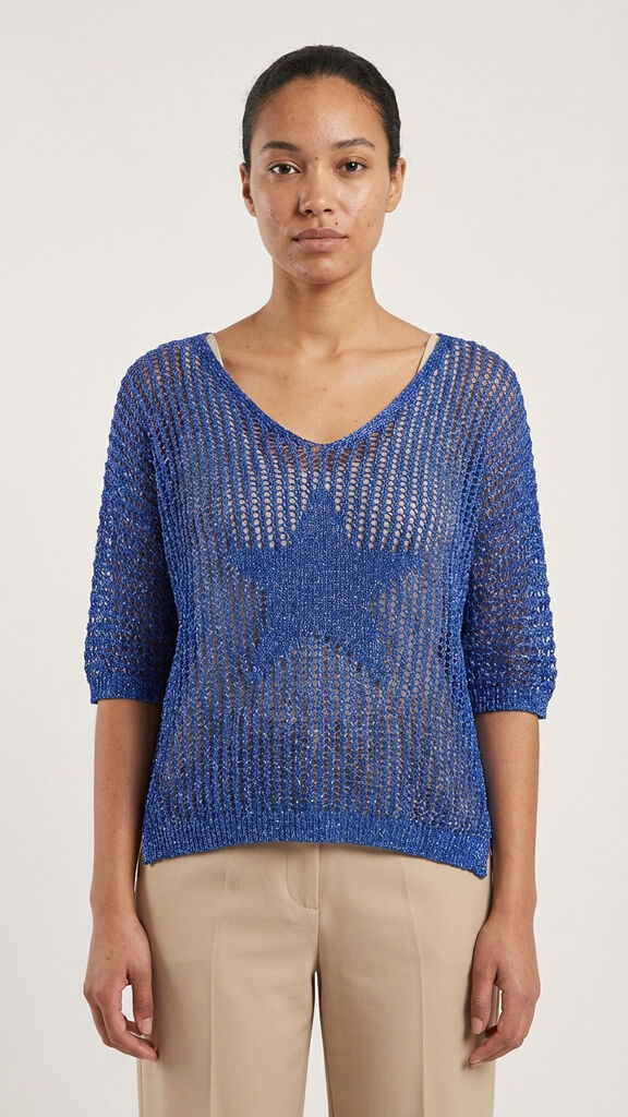 Blue Knit Sweater with Star Pattern