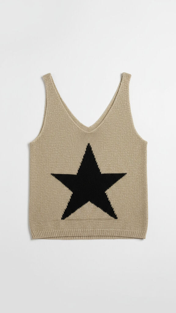 Beige Knit Tank Top with Black Star
