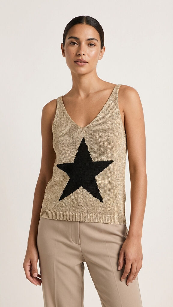 Beige Knit Tank Top with Black Star