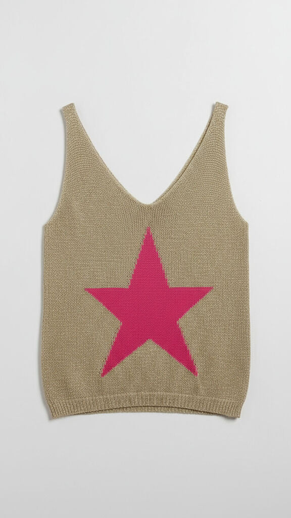 Beige Knit Tank with Pink Star Motif