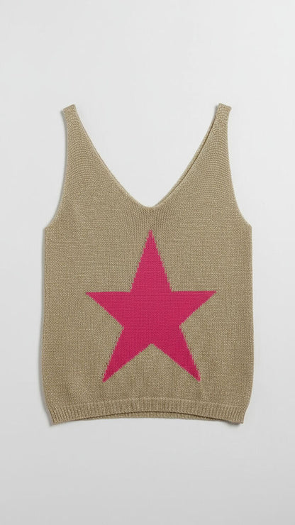 Beige Knit Tank with Pink Star Motif