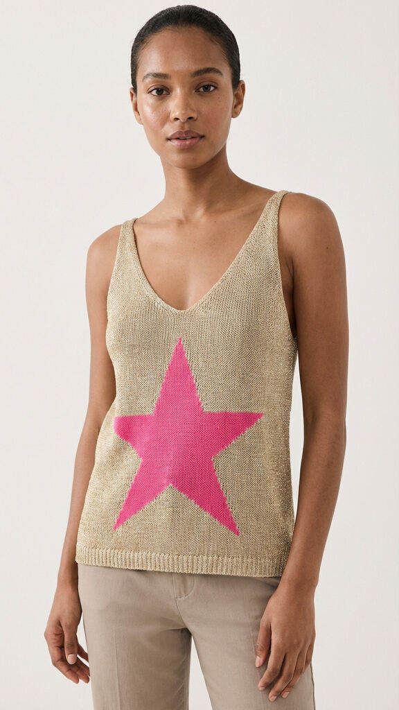 Beige Knit Tank with Pink Star Motif