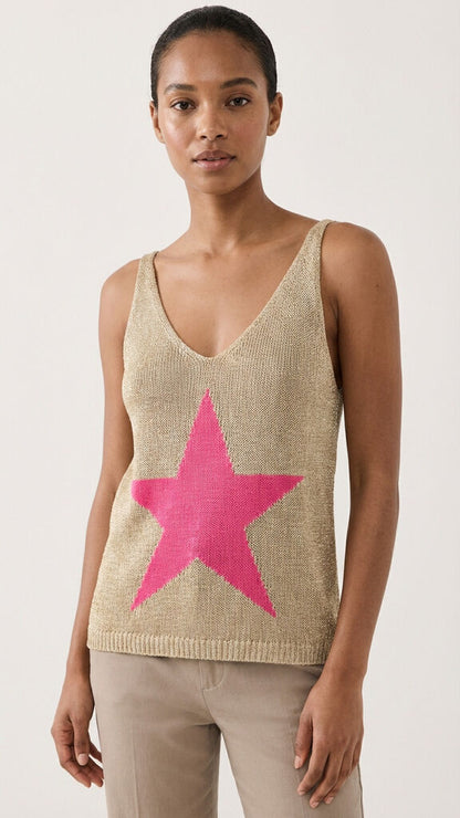 Beige Knit Tank with Pink Star Motif