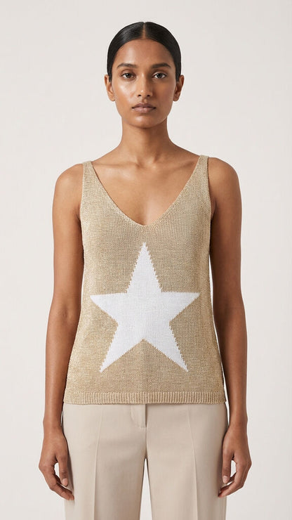 Beige Knit Tank with Star Motif