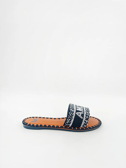 Navy Geometric Slide Sandals with Beaded Detail