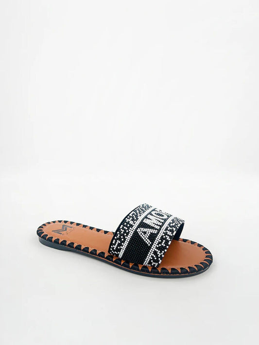 Black Geometric Slide Sandals with Beaded Detail