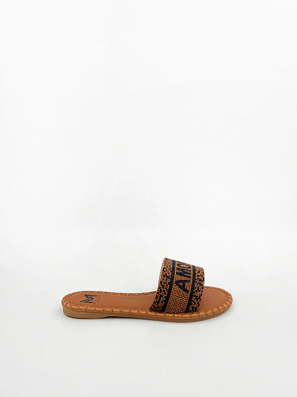 Brown Geometric Slide Sandals with Woven Detail