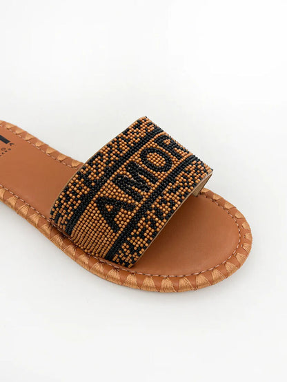 Brown Geometric Slide Sandals with Woven Detail