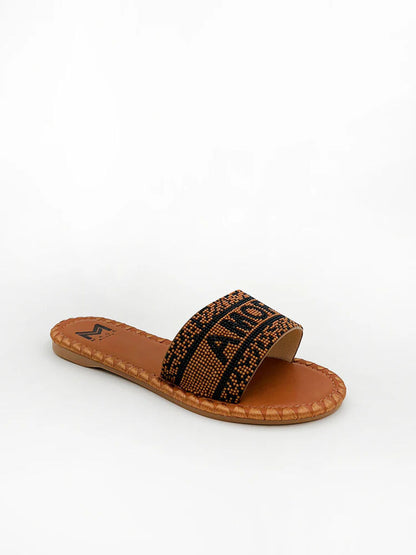 Brown Geometric Slide Sandals with Woven Detail