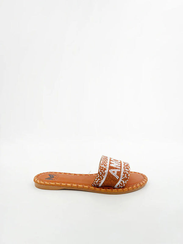 Brown Beaded Slide Sandals with Patterned Strap