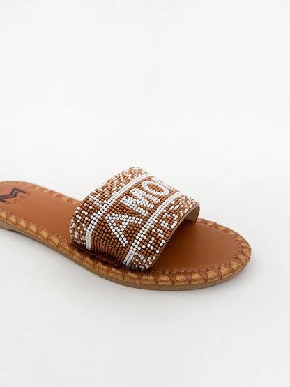 Brown Beaded Slide Sandals with Patterned Strap