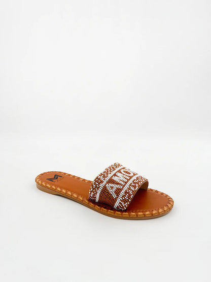 Brown Beaded Slide Sandals with Patterned Strap