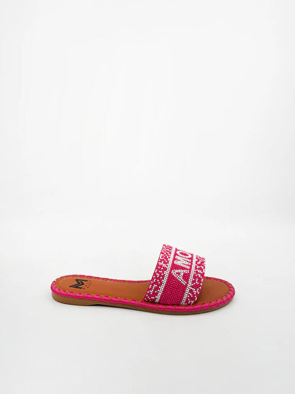 Pink Beaded Slide Sandal with Woven Strap