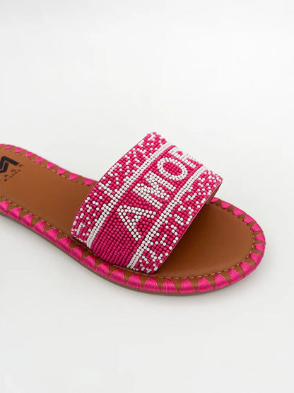 Pink Beaded Slide Sandal with Woven Strap