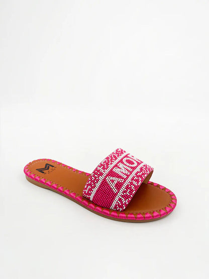 Pink Beaded Slide Sandal with Woven Strap